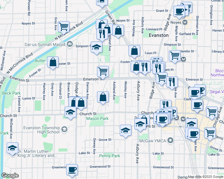 map of restaurants, bars, coffee shops, grocery stores, and more near 1520 Lyons Street in Evanston