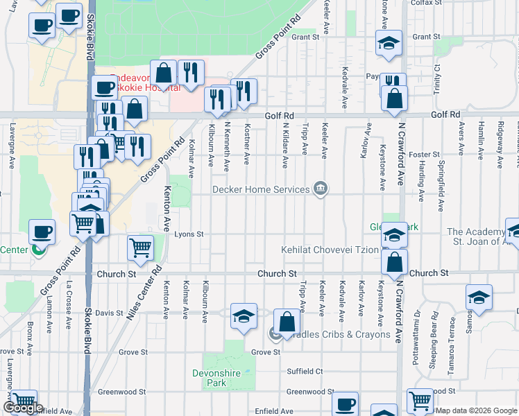 map of restaurants, bars, coffee shops, grocery stores, and more near 9344 North Lowell Avenue in Skokie