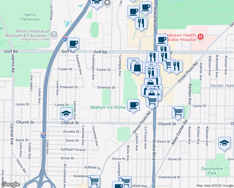 map of restaurants, bars, coffee shops, grocery stores, and more near 9337 Lavergne Avenue in Skokie
