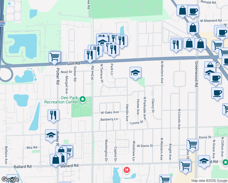 map of restaurants, bars, coffee shops, grocery stores, and more near 9072 West Emerson Street in Des Plaines