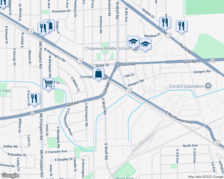 map of restaurants, bars, coffee shops, grocery stores, and more near 581 Harvey Avenue in Des Plaines