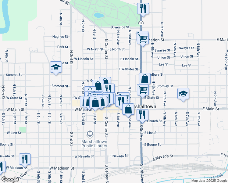 map of restaurants, bars, coffee shops, grocery stores, and more near 108 North 1st Avenue in Marshalltown