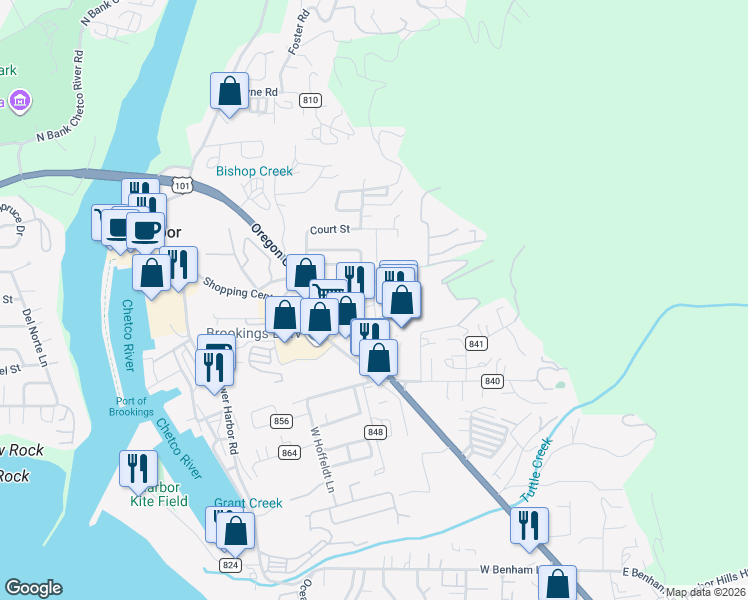 map of restaurants, bars, coffee shops, grocery stores, and more near 16265 U.S. 101 in Brookings