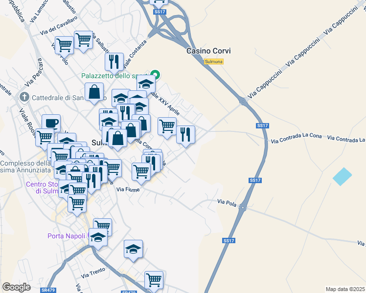 map of restaurants, bars, coffee shops, grocery stores, and more near 106A Via Cappuccini in Sulmona