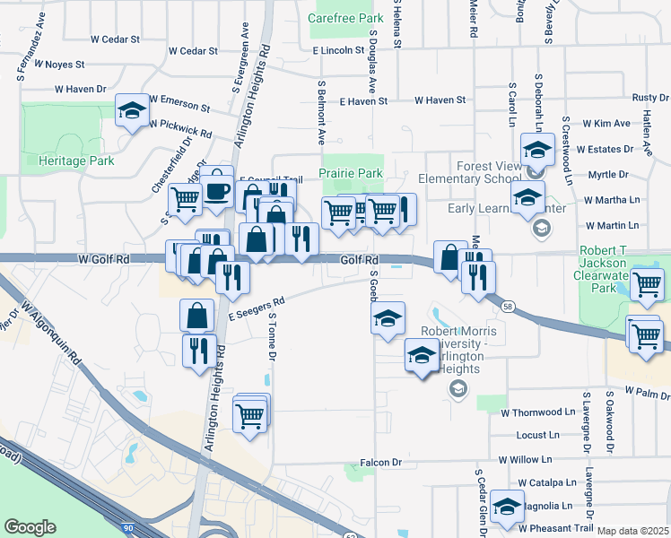 map of restaurants, bars, coffee shops, grocery stores, and more near 515 East Golf Road in Arlington Heights