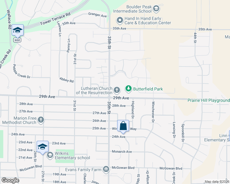 map of restaurants, bars, coffee shops, grocery stores, and more near 3500 29th Avenue in Marion
