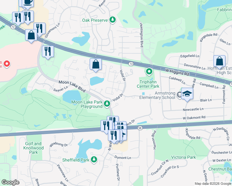 map of restaurants, bars, coffee shops, grocery stores, and more near 1375 Rebecca Drive in Hoffman Estates