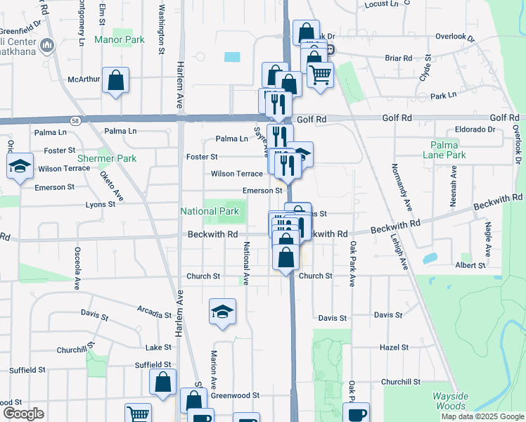 map of restaurants, bars, coffee shops, grocery stores, and more near 9328 Sayre Avenue in Morton Grove