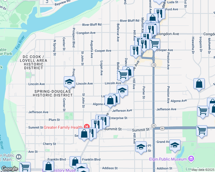 map of restaurants, bars, coffee shops, grocery stores, and more near 729 Logan Avenue in Elgin
