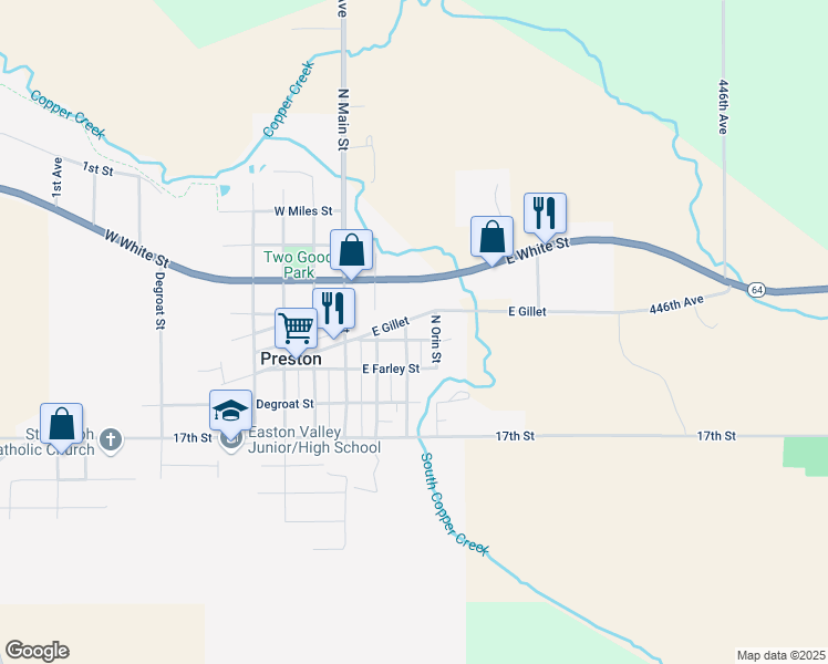 map of restaurants, bars, coffee shops, grocery stores, and more near 104 North Amos Street in Preston