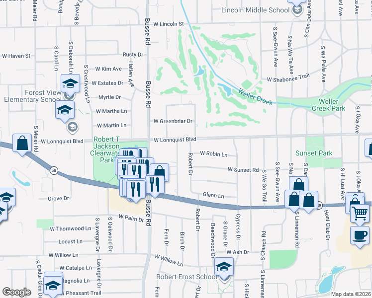 map of restaurants, bars, coffee shops, grocery stores, and more near 804 Robert Drive in Mount Prospect