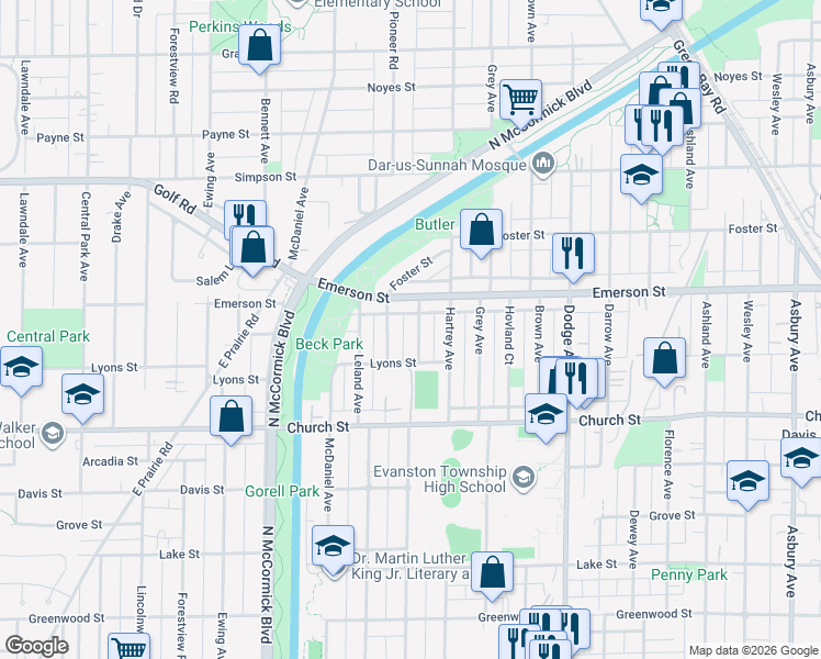 map of restaurants, bars, coffee shops, grocery stores, and more near 1826 Laurel Avenue in Evanston