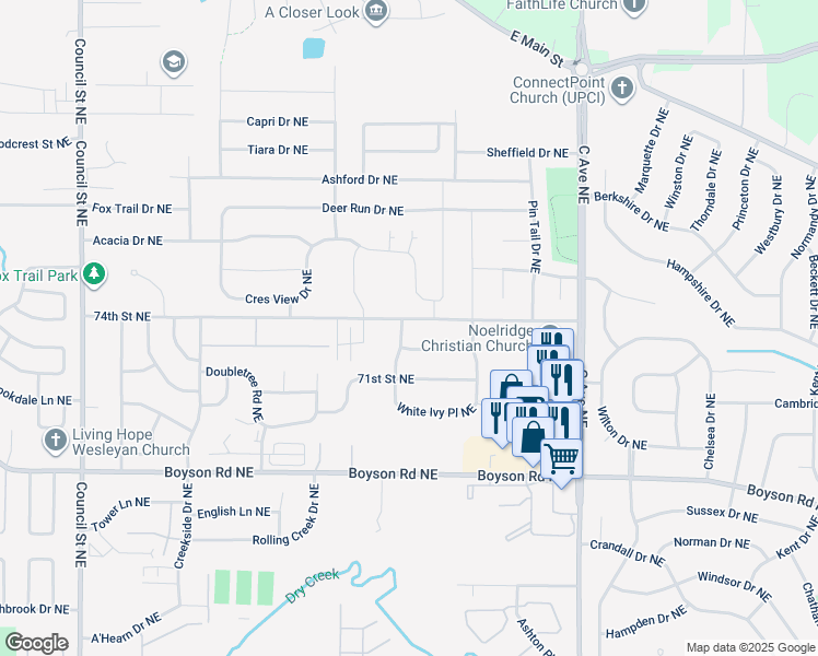 map of restaurants, bars, coffee shops, grocery stores, and more near 829 74th Street Northeast in Cedar Rapids