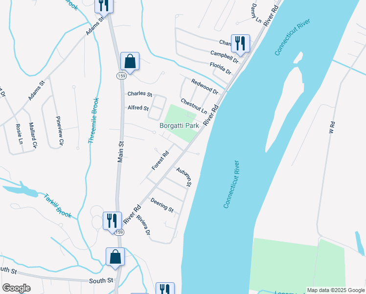 map of restaurants, bars, coffee shops, grocery stores, and more near 193 River Road in Agawam
