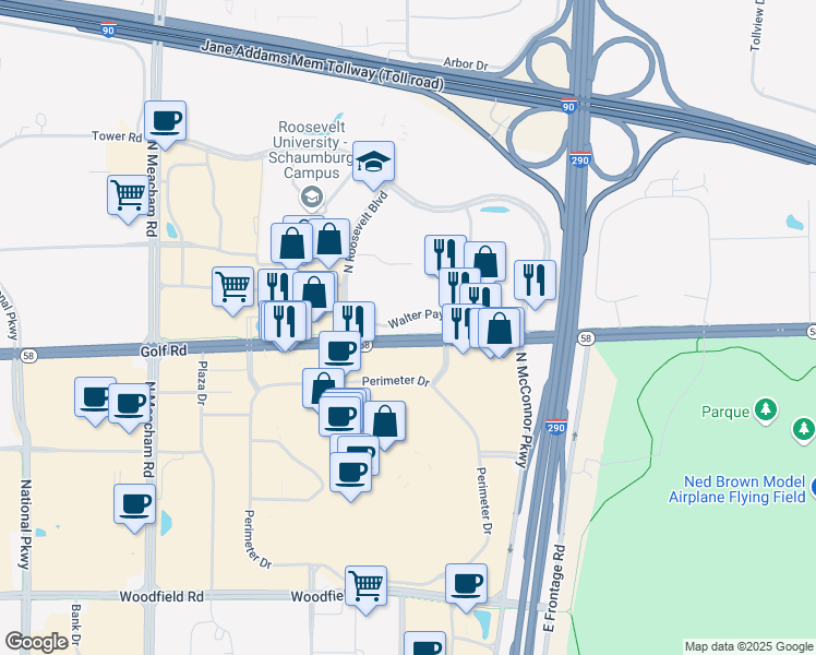 map of restaurants, bars, coffee shops, grocery stores, and more near 1750 East Golf Road in Schaumburg