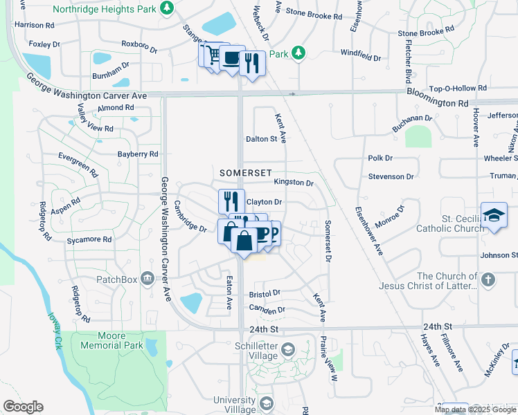 map of restaurants, bars, coffee shops, grocery stores, and more near 2602 Clayton Drive in Ames