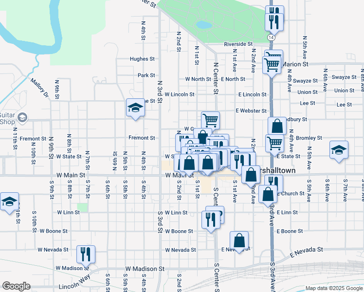 map of restaurants, bars, coffee shops, grocery stores, and more near 107 North 2nd Street in Marshalltown