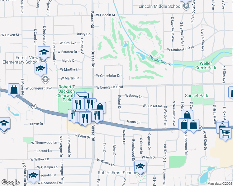 map of restaurants, bars, coffee shops, grocery stores, and more near 804 Robert Drive in Mount Prospect