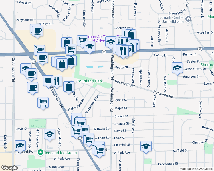 map of restaurants, bars, coffee shops, grocery stores, and more near 9432 Washington Street in Niles