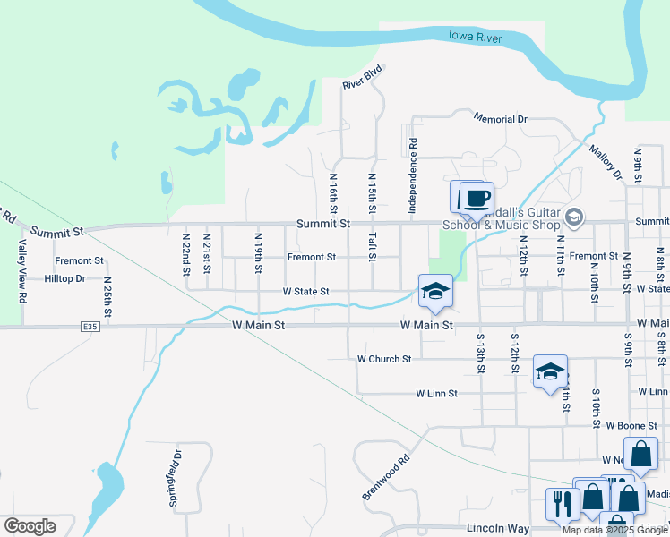 map of restaurants, bars, coffee shops, grocery stores, and more near 108 North 16th Street in Marshalltown