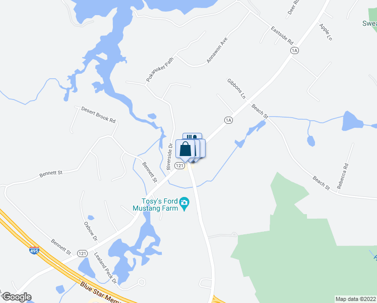 map of restaurants, bars, coffee shops, grocery stores, and more near 652 South Street in Wrentham