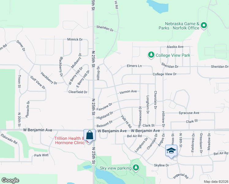 map of restaurants, bars, coffee shops, grocery stores, and more near 1605 Valli Hi Road in Norfolk