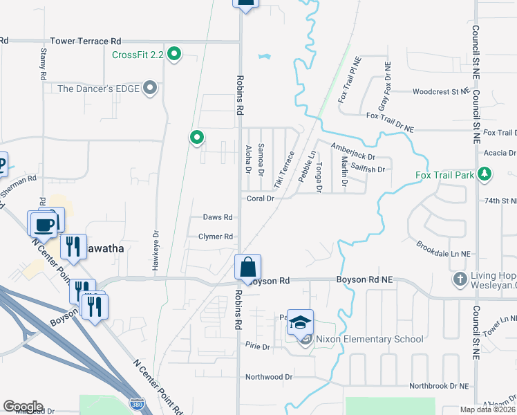 map of restaurants, bars, coffee shops, grocery stores, and more near Coral Drive in Hiawatha