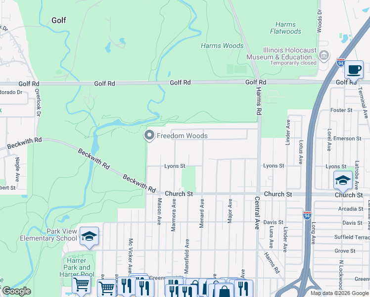 map of restaurants, bars, coffee shops, grocery stores, and more near 9342 Mansfield Avenue in Morton Grove