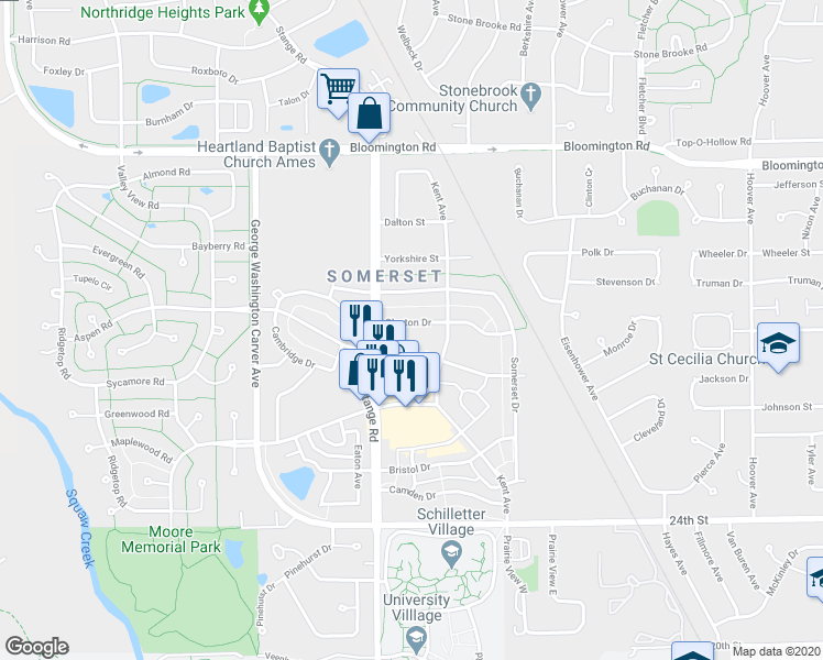 map of restaurants, bars, coffee shops, grocery stores, and more near 2602 Clayton Drive in Ames