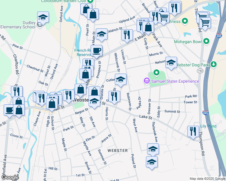 map of restaurants, bars, coffee shops, grocery stores, and more near 25 Goddard Street in Webster