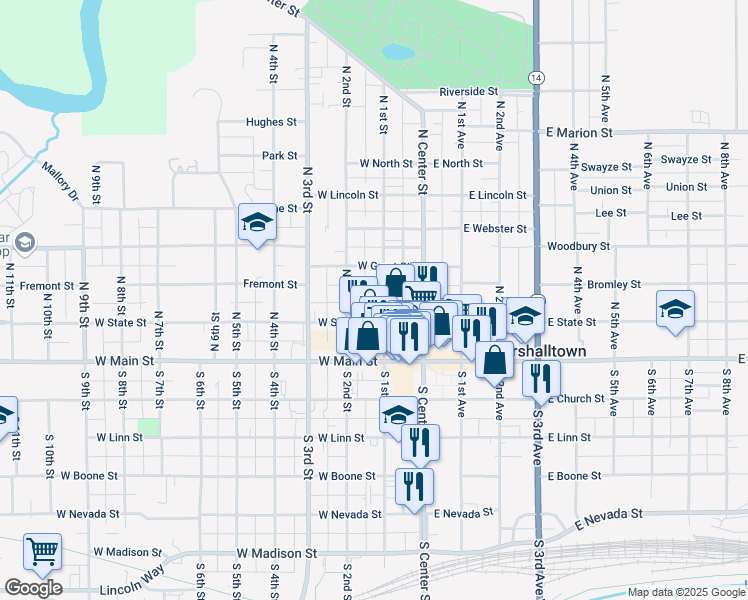 map of restaurants, bars, coffee shops, grocery stores, and more near 108 North 1st Avenue in Marshalltown