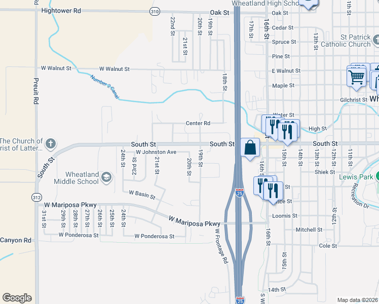 map of restaurants, bars, coffee shops, grocery stores, and more near 2001 West Johnston Avenue in Wheatland
