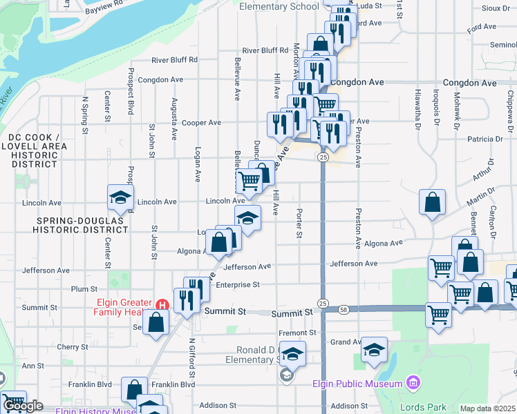 map of restaurants, bars, coffee shops, grocery stores, and more near 739 Dundee Avenue in Elgin