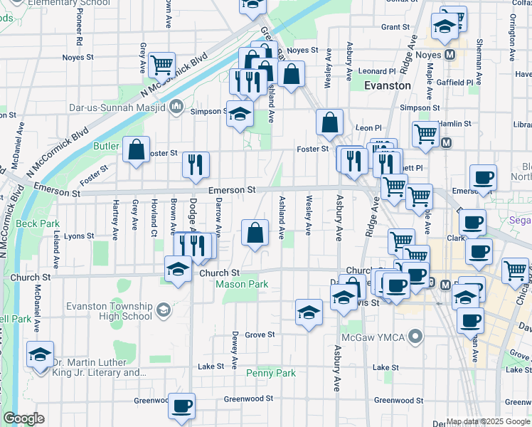 map of restaurants, bars, coffee shops, grocery stores, and more near 1520 Lyons Street in Evanston