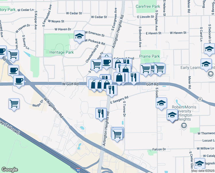 map of restaurants, bars, coffee shops, grocery stores, and more near 1918 South Arlington Heights Road in Arlington Heights