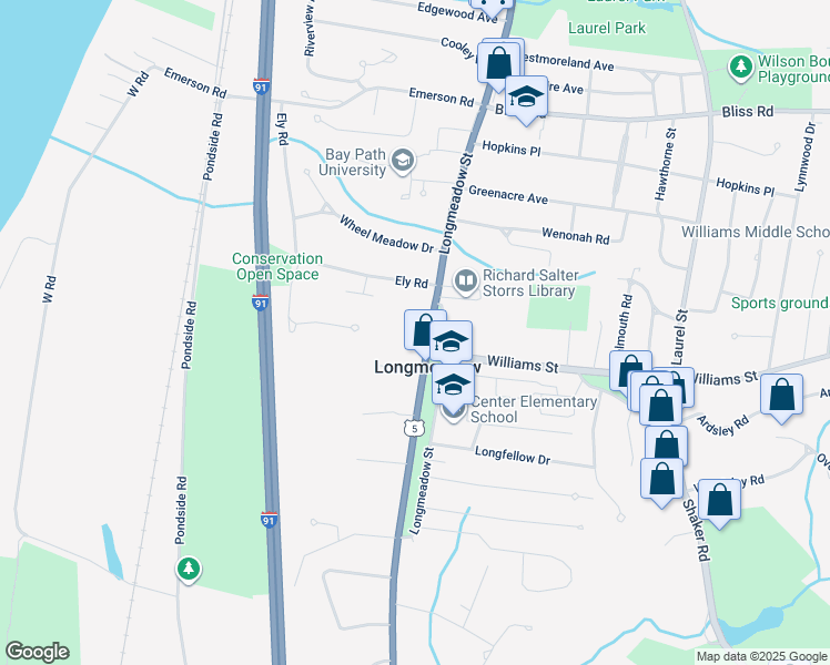 map of restaurants, bars, coffee shops, grocery stores, and more near 734 Longmeadow Street in Longmeadow