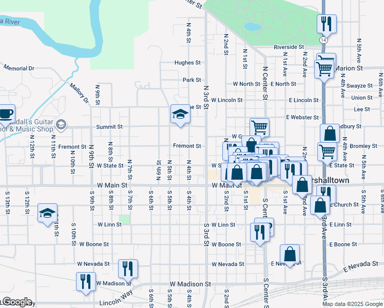 map of restaurants, bars, coffee shops, grocery stores, and more near 107 North 4th Street in Marshalltown
