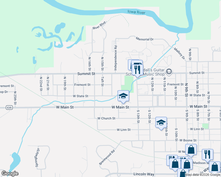 map of restaurants, bars, coffee shops, grocery stores, and more near 106 North 15th Street in Marshalltown
