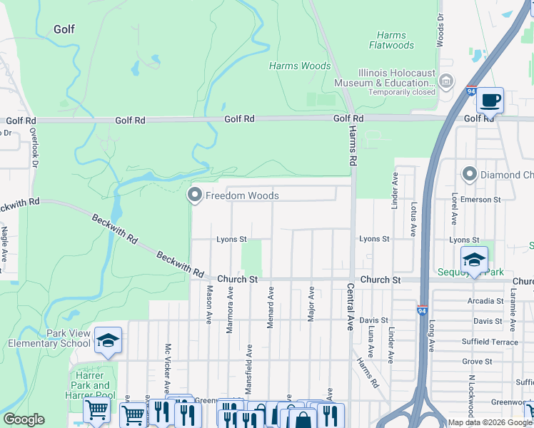 map of restaurants, bars, coffee shops, grocery stores, and more near 9342 Menard Avenue in Morton Grove