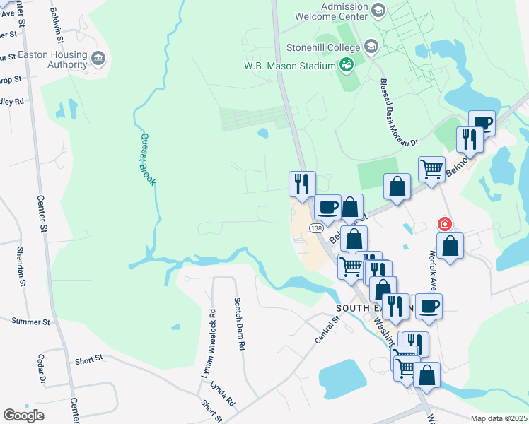 map of restaurants, bars, coffee shops, grocery stores, and more near 24 Roosevelt Circle in Easton
