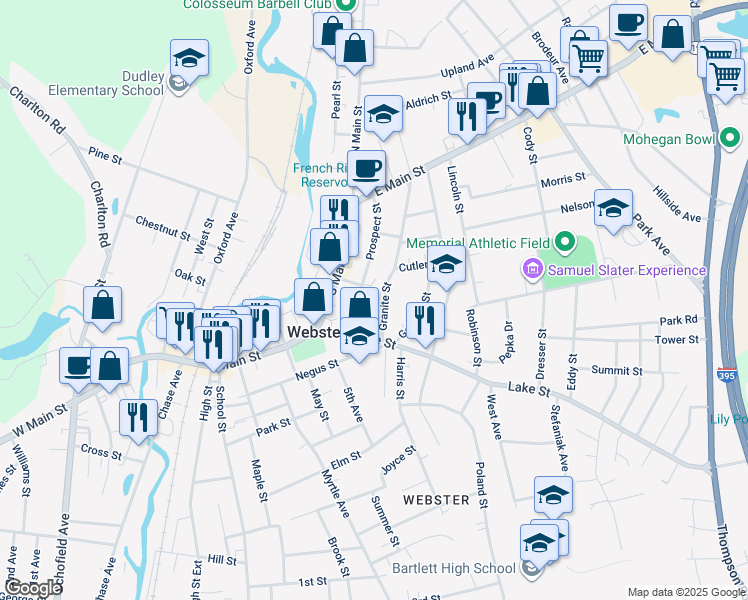 map of restaurants, bars, coffee shops, grocery stores, and more near 18R Granite Street in Webster