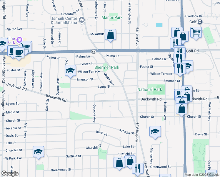 map of restaurants, bars, coffee shops, grocery stores, and more near 7343 Lyons Street in Morton Grove