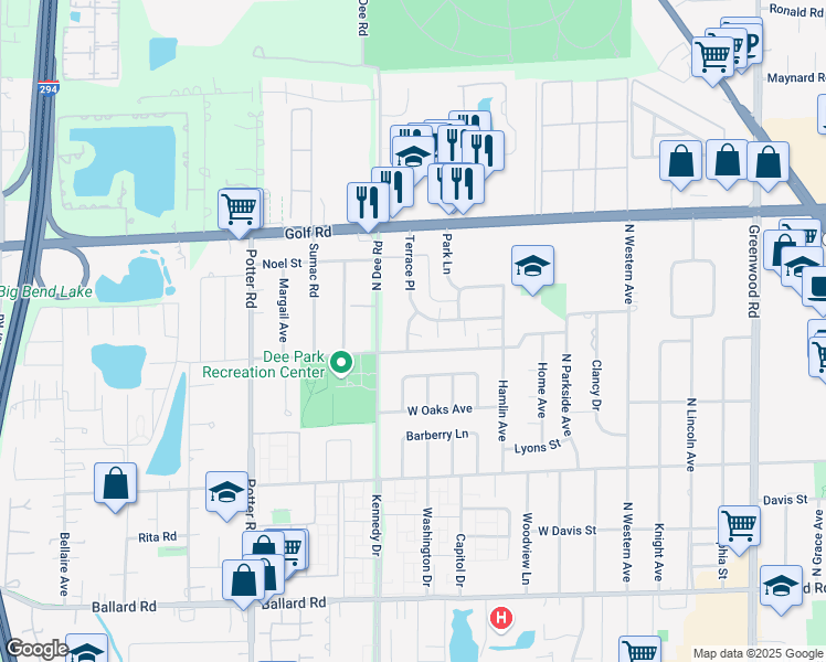 map of restaurants, bars, coffee shops, grocery stores, and more near 9413 Oak Avenue in Des Plaines