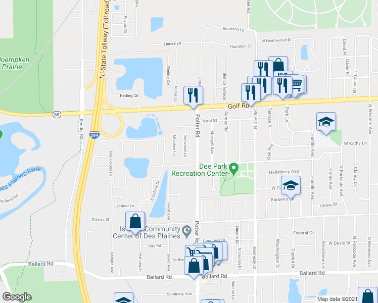 map of restaurants, bars, coffee shops, grocery stores, and more near 9413 Ironwood Lane in Des Plaines