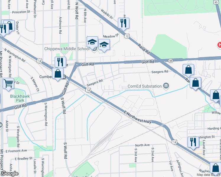 map of restaurants, bars, coffee shops, grocery stores, and more near 748 Hanbury Drive in Des Plaines