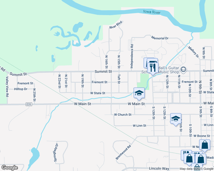 map of restaurants, bars, coffee shops, grocery stores, and more near 108 North 16th Street in Marshalltown