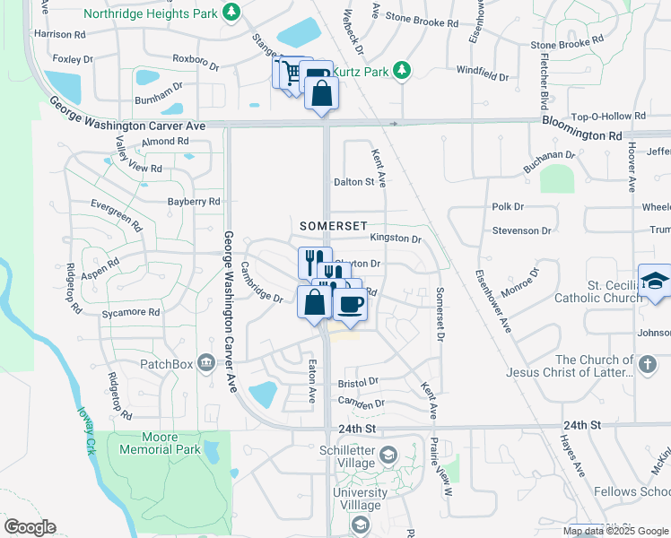 map of restaurants, bars, coffee shops, grocery stores, and more near 2706 Clayton Drive in Ames