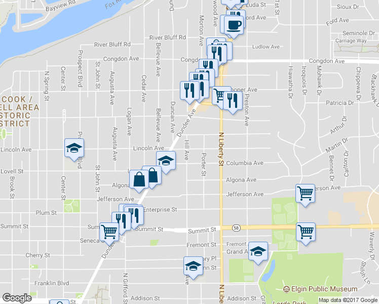 map of restaurants, bars, coffee shops, grocery stores, and more near 727 Hill Avenue in Elgin