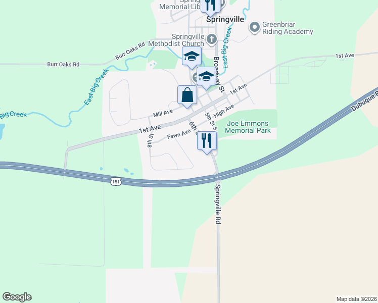 map of restaurants, bars, coffee shops, grocery stores, and more near 110 Heather Lane in Springville
