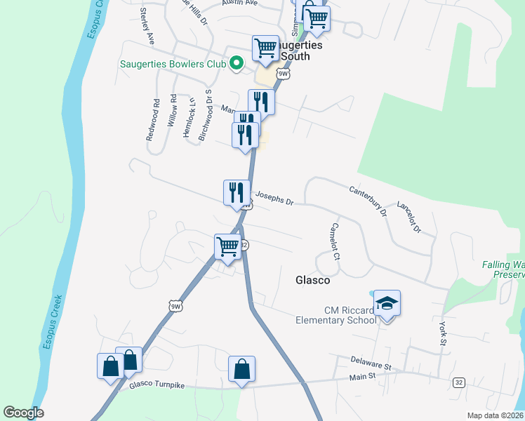 map of restaurants, bars, coffee shops, grocery stores, and more near 8 Scarselli Lane in Saugerties
